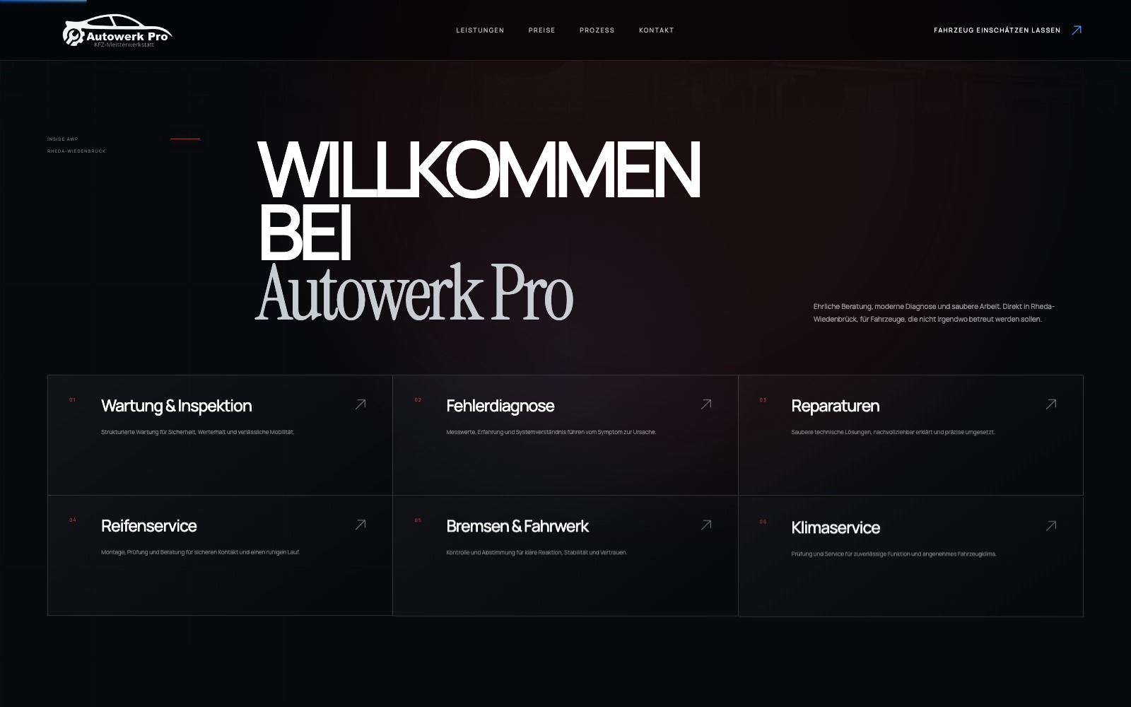 Autowerk Pro Website mit Leistungsübersicht